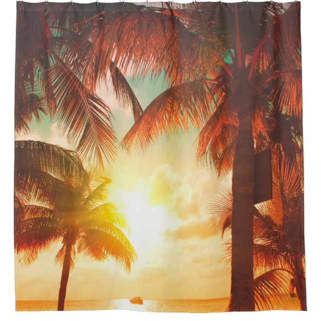 Sonnenuntergang mit Palmen und schönem Himmel Duschvorhang (Vorderseite)