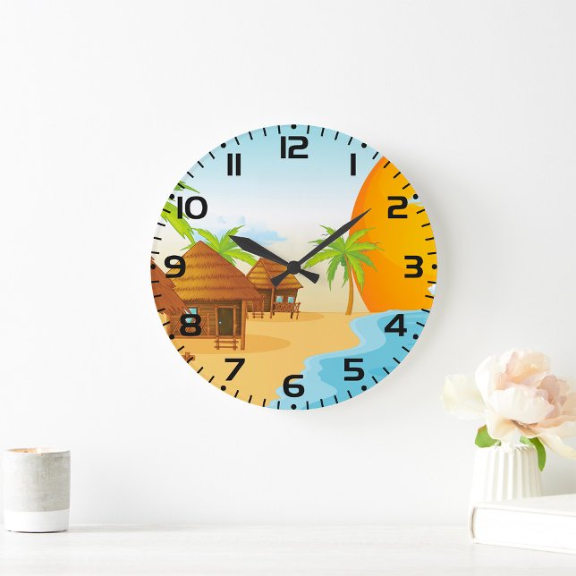 Sonnenuntergang mit Strohhütten Große Wanduhr (Von Creator hochgeladen)