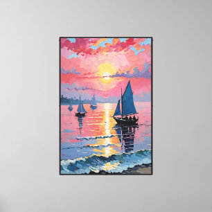 Sonnenuntergang-Ozean mit Segelbooten und farbenfr Leinwanddruck