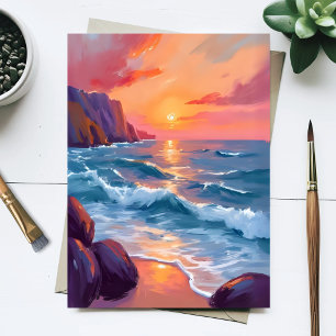 Sonnenuntergang Ozeanwellen Strand Aquarellmalerei Postkarte