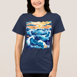 Sonnenuntergang Ozeanwellen T-Shirt – Künstlerisch Tri-Blend Shirt