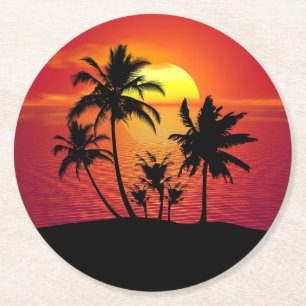 Sonnenuntergang Palmen Silhouette Design-65143 Runder Pappuntersetzer