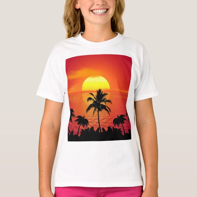 Sonnenuntergang Palmen Silhouetten Illustration T-Shirt (Vorderseite)