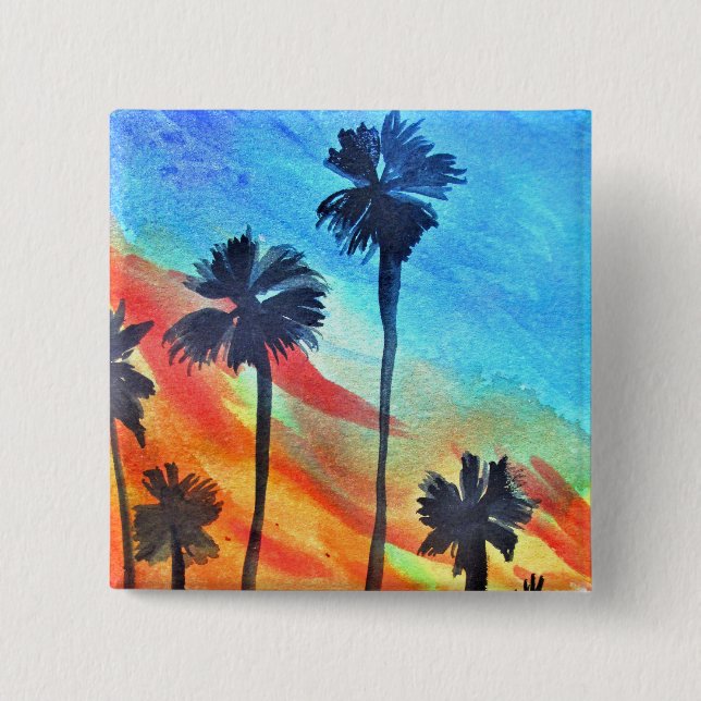 Sonnenuntergang Palmen Strand Surfart Button (Vorderseite)