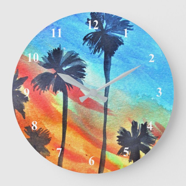 Sonnenuntergang Palmen Strand Surfart Große Wanduhr (Vorderseite)