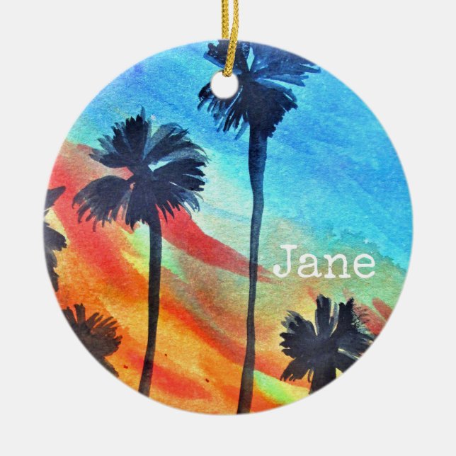 Sonnenuntergang Palmen Strand Surfart Keramik Ornament (Vorne)