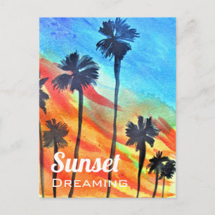Sonnenuntergang Palmen Strand Surfart Postkarte