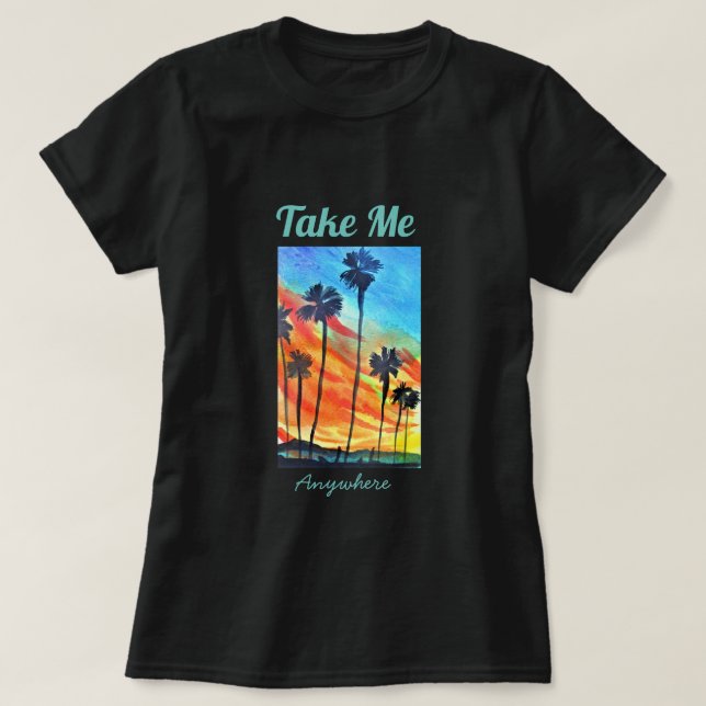 Sonnenuntergang Palmen Strand Surfart T-Shirt (Design vorne)