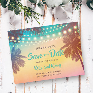Sonnenuntergang Palmen und Lichter Save the Date Postkarte