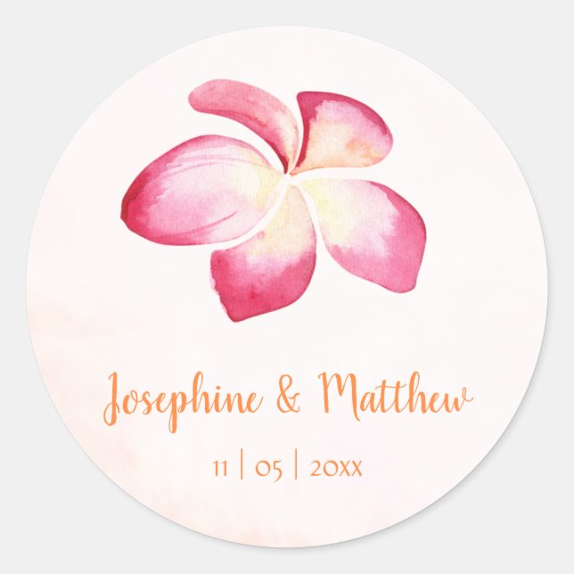 Sonnenuntergang Plumeria Pink Wasserfarbe Hochzeit Runder Aufkleber (Vorderseite)