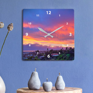 Sonnenuntergang rosa blaue Wolken modernes Foto sc Quadratische Wanduhr