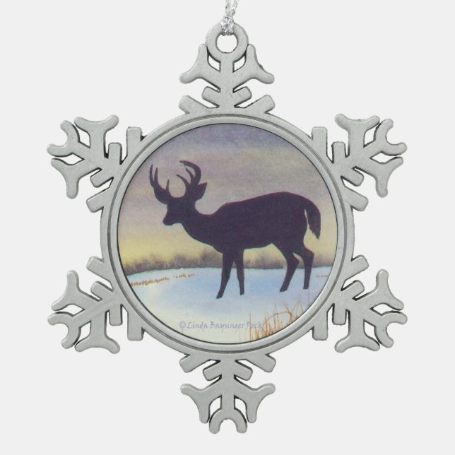 Sonnenuntergang-Rotwild im Schnee Schneeflocken Zinn-Ornament (Vorderseite)