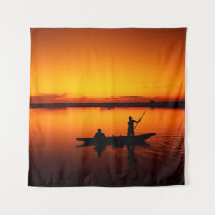 Sonnenuntergang, Ruderboot im Meer Wandteppich