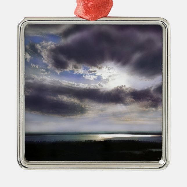 Sonnenuntergang Seepromenade Skyline Ozean Malerei Silbernes Ornament (Vorne)