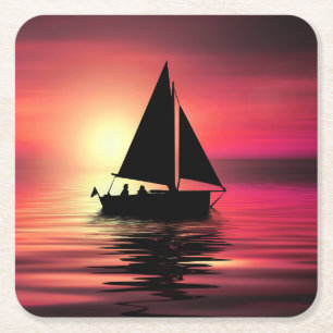 Sonnenuntergang, Segelboot im Meer-39186 Rechteckiger Pappuntersetzer