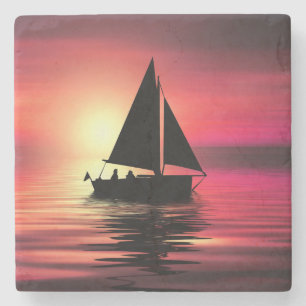 Sonnenuntergang, Segelboot im Meer-39186 Steinuntersetzer