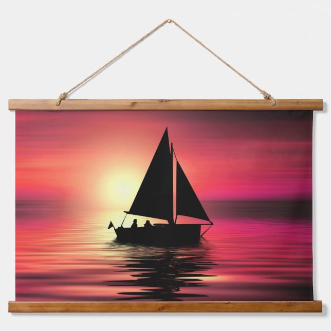 Sonnenuntergang, Segelboot im Meer-39186 Wandteppich Mit Holzrahmen (Vorne)