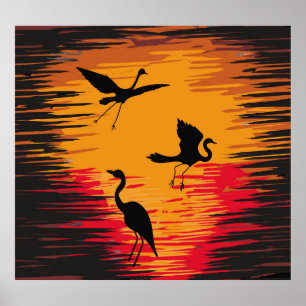 Sonnenuntergang-Silhouette: Farbenfrohe Vintage Rü Poster