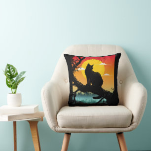 Sonnenuntergang Silhouette Katze und Baum Kissen
