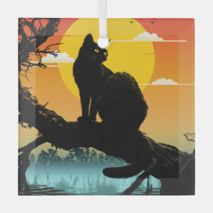 Sonnenuntergang Silhouette Katze und Baum Ornament Aus Glas