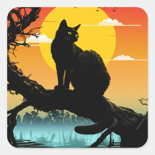 Sonnenuntergang-Silhouette Katze und Baum Quadratischer Aufkleber