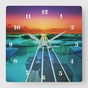 Sonnenuntergang-Strand-Bass-Gitarren-Musik-Wanduhr Quadratische Wanduhr