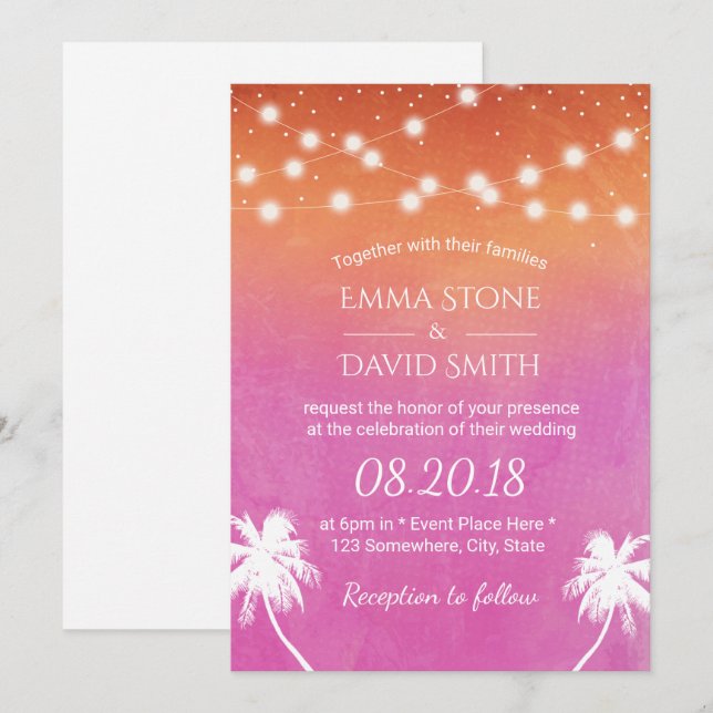 Sonnenuntergang Strand Hochzeit Palmen Bäume Elega Einladung (Vorne/Hinten)