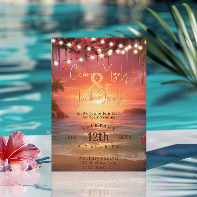 Sonnenuntergang-Strandlicht-Hochzeit Einladung (Tropical Sunset Beach String Lights Wedding Invitation
)