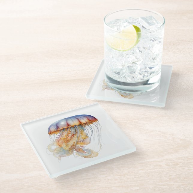 Sonnenuntergang Tentakel: Wasserfarbenfrohe Kunst Glasuntersetzer (Schrägansicht)