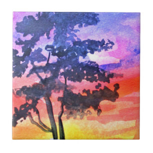 Sonnenuntergang Traumlandschaft Aquarellkunst Fliese