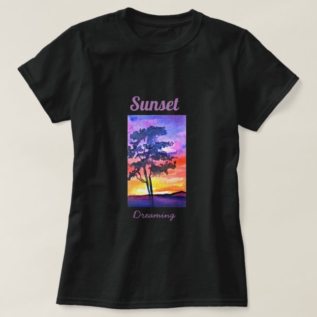 Sonnenuntergang Traumlandschaft Aquarellkunst T-Shirt (Design vorne)