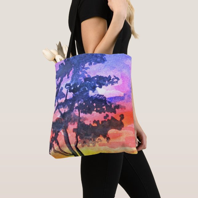 Sonnenuntergang Traumlandschaft Aquarellkunst Tasche (Von Nahem)