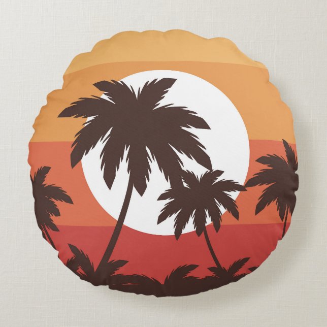 Sonnenuntergang Tropical Palm Beach Vintag Rundes Kissen (Vorderseite)