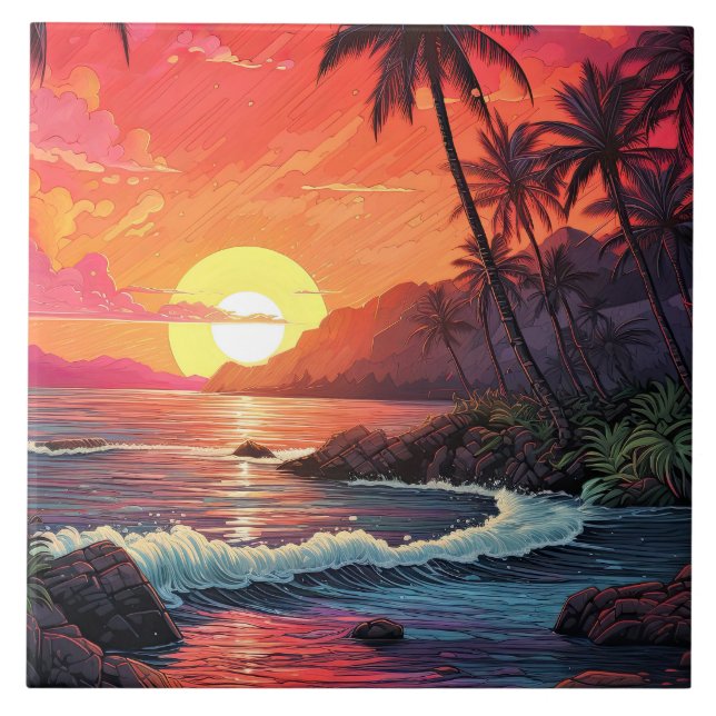 Sonnenuntergang Tropischer Strand Paradies Insel  Fliese (Vorderseite)