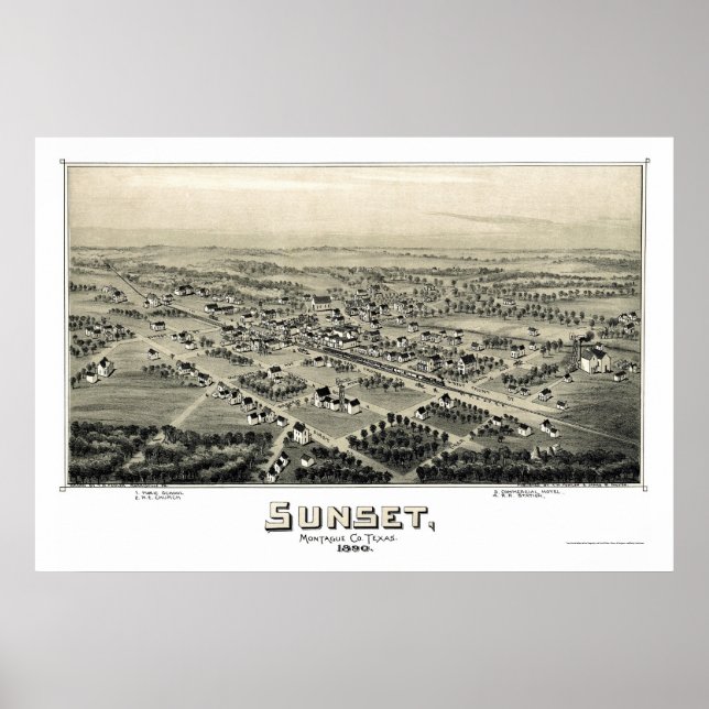 Sonnenuntergang, TX Panoramakarte - 1890 Poster (Vorne)