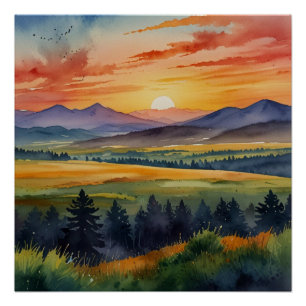 Sonnenuntergang über Bergen Wasserfarbe Poster
