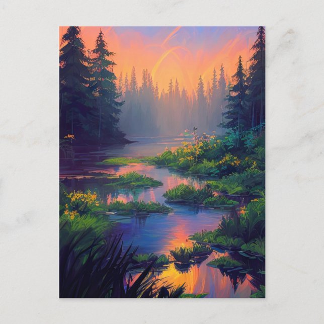 Sonnenuntergang über dem bezaubernden Sumpfwald Postkarte (Vorderseite)