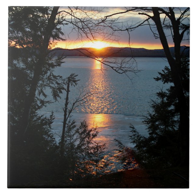 Sonnenuntergang über dem Forest Lake Keramik Tile Fliese (Vorderseite)