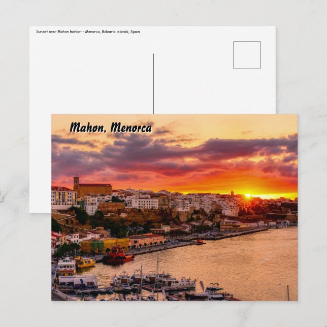 Sonnenuntergang über dem Hafen von Mahon - Menorca Postkarte (Vorne/Hinten)