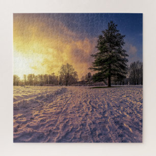 Sonnenuntergang über dem schneebedeckten Winterpar