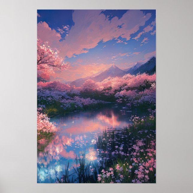 Sonnenuntergang über dem Serene Cherry Blossom-Tei Poster (Vorne)