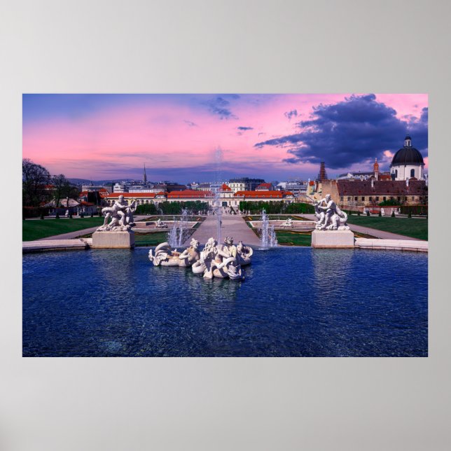 Sonnenuntergang über dem Springbrunnen in Wien Poster (Vorne)