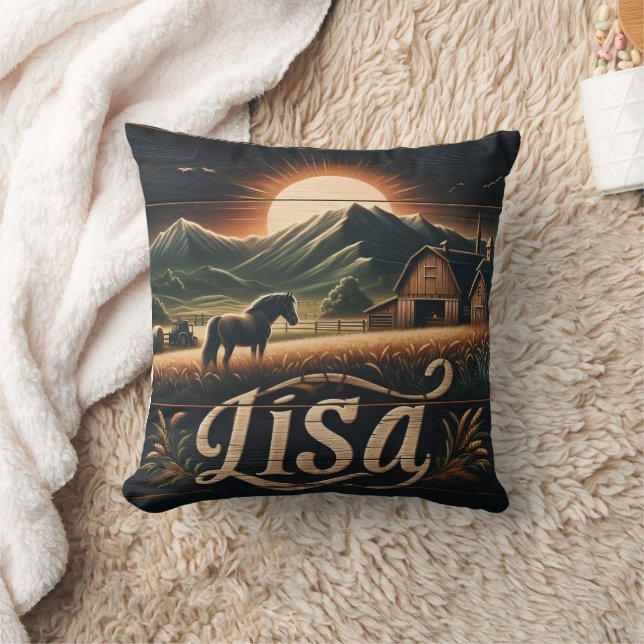 Sonnenuntergang über der Farm mit Pferden und Sche Kissen (Decke)