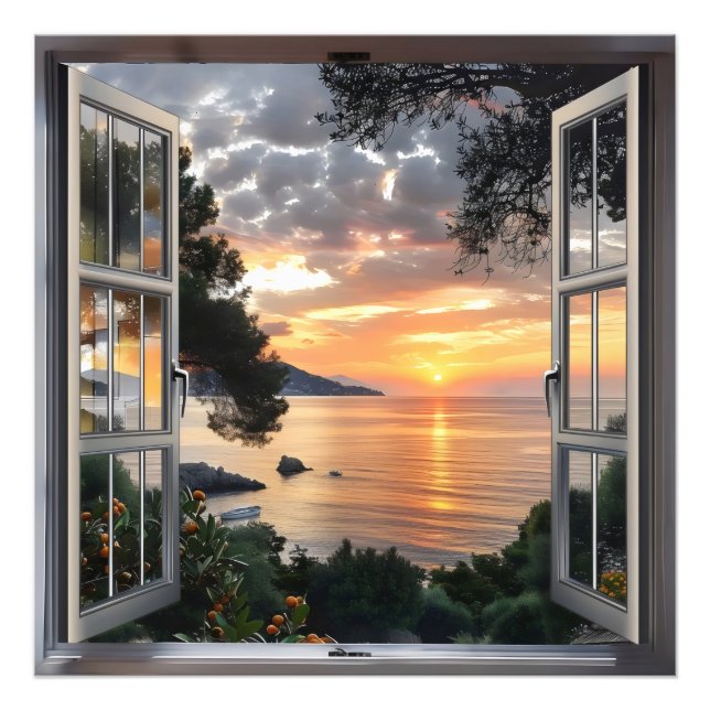 Sonnenuntergang über der Fensteransicht Fotodruck (Vorne)