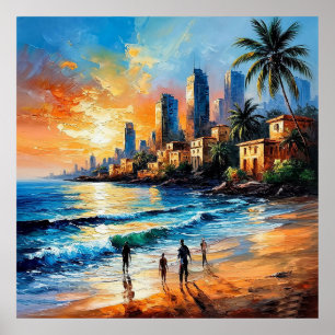 Sonnenuntergang über der Küstenstadt Poster