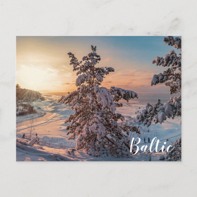 Sonnenuntergang über der schneebedeckten Küste Postkarte (Vorderseite)