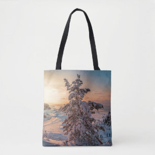 Sonnenuntergang über der schneebedeckten Küste Tasche