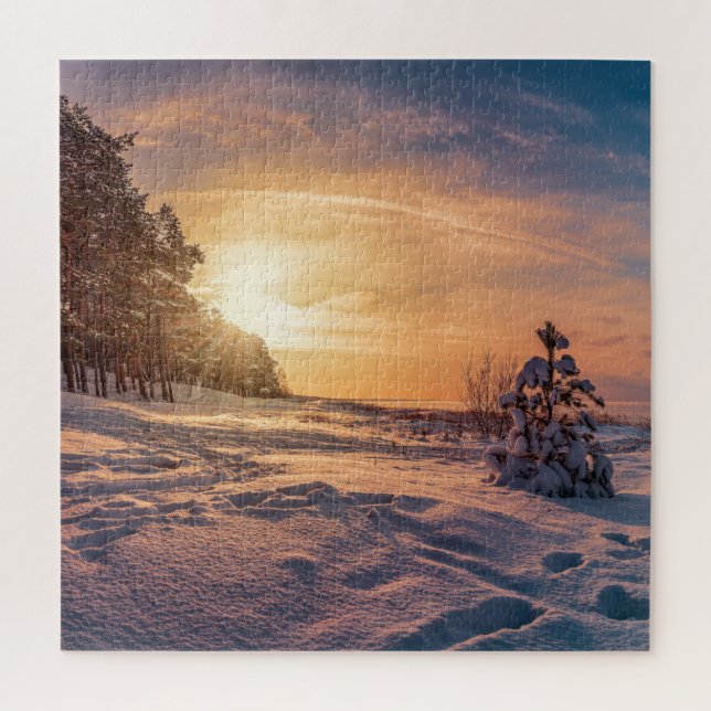 Sonnenuntergang über der schneebedeckten Winterküs (Vertikal)