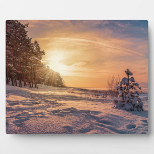Sonnenuntergang über der schneebedeckten Winterküs Fotoplatte