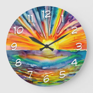 Sonnenuntergang über der Wasserreflexion   Aquarel Große Wanduhr